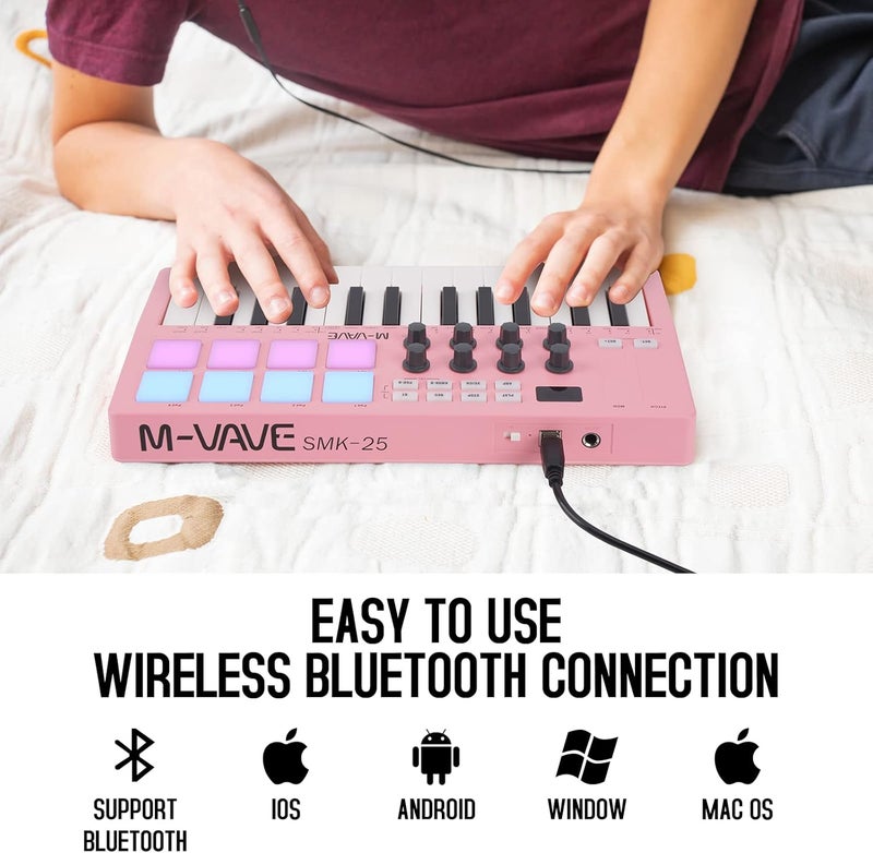 M-VAVE 25 Key USB MIDI Keyboard Controller With 8 Backlit Drum Pads, Bluetooth Semi Weighted Professional dynamic keybed 8 Knobs and Music Production,Software Included (Pink) - Image 4